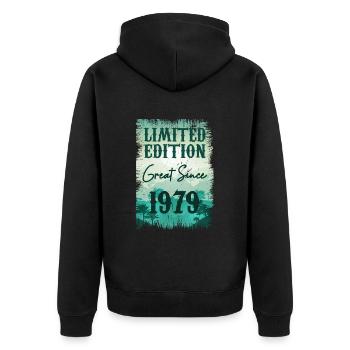 Einzigartig seit 1979 - Unisex Premium Bio Zip Hoodie - Schwarz - Hinten - Nico (187cm)