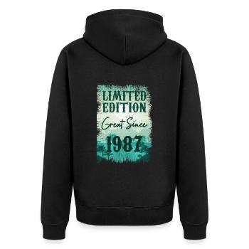 Einzigartig seit 1987 - Unisex Premium Bio Zip Hoodie - Schwarz - Hinten - Nico (187cm)
