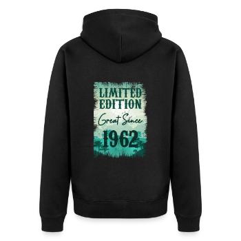 Einzigartig seit 1962 - Unisex Premium Bio Zip Hoodie - Schwarz - Hinten - Nico (187cm)