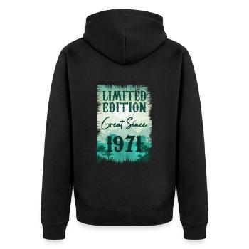 Einzigartig seit 1971 - Unisex Premium Bio Zip Hoodie - Schwarz - Hinten - Nico (187cm)