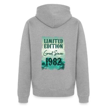Einzigartig seit 1982 - Unisex Premium Bio Zip Hoodie - Grau meliert - Hinten - Nico (187cm)