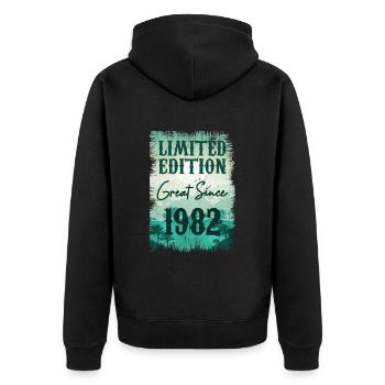 Einzigartig seit 1982 - Unisex Premium Bio Zip Hoodie - Schwarz - Hinten - Nico (187cm)