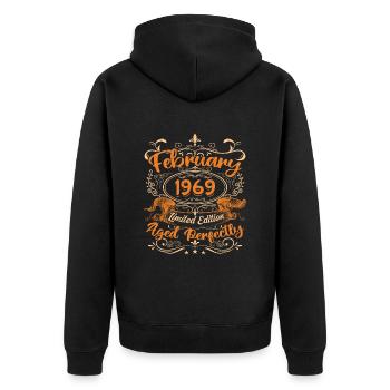 February 1969 | Aged Perfectly - Unisex Premium Organic Zip Hoodie - black - Back - Nico (187cm)