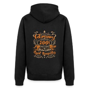 Februar 2001 | Perfekt gealtert - Unisex Premium Bio Zip Hoodie - Schwarz - Hinten - Nico (187cm)