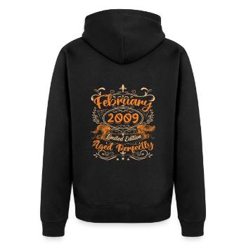 Februar 2009 | Perfekt gealtert - Unisex Premium Bio Zip Hoodie - Schwarz - Hinten - Nico (187cm)