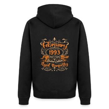 Februar 1993 | Perfekt gealtert - Unisex Premium Bio Zip Hoodie - Schwarz - Hinten - Nico (187cm)