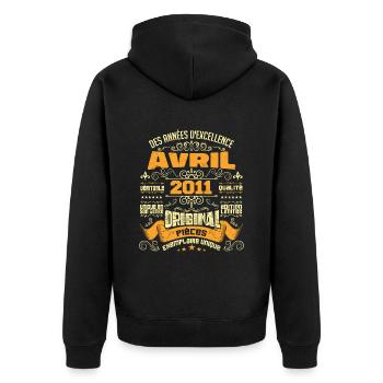Anniversaire Vintage Né(e) en avril 2011 - Veste à capuche bio Premium Unisexe - noir - Dos - Nico (187cm)