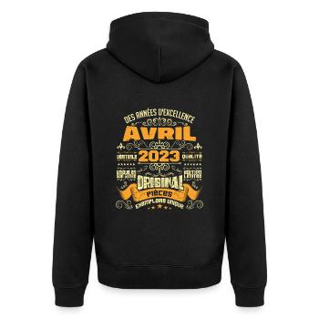 Anniversaire Vintage Né(e) en avril 2023 - Veste à capuche bio Premium Unisexe - noir - Dos - Nico (187cm)