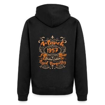 March 1957 | Aged Perfectly - Unisex Premium Organic Zip Hoodie - black - Back - Nico (187cm)