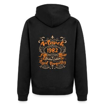 March 1982 | Aged Perfectly - Unisex Premium Organic Zip Hoodie - black - Back - Nico (187cm)