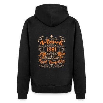 März 1981 | Perfekt gealtert - Unisex Premium Bio Zip Hoodie - Schwarz - Hinten - Nico (187cm)