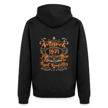 März 1971 | Perfekt gealtert - Unisex Premium Bio Zip Hoodie - Schwarz - Hinten - Nico (187cm)