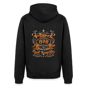 March 1970 | Aged Perfectly - Unisex Premium Organic Zip Hoodie - black - Back - Nico (187cm)