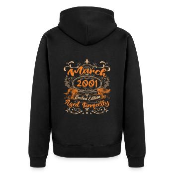 März 2001 | Perfekt gealtert - Unisex Premium Bio Zip Hoodie - Schwarz - Hinten - Nico (187cm)
