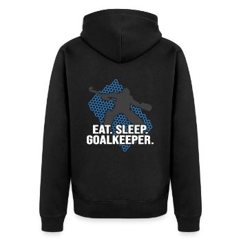 Hockey Feldhockey Hockey-LEGENDE Hockeytorwart - Unisex Premium Bio Zip Hoodie - Schwarz - Hinten - Nico (187cm)
