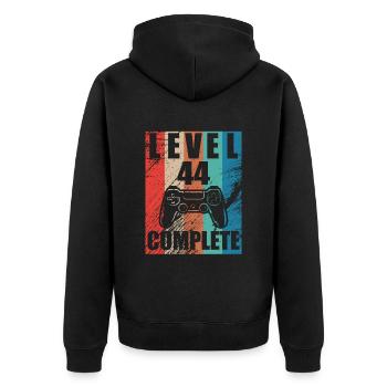 Level 44 abgeschlossen - Unisex Premium Bio Zip Hoodie - Schwarz - Hinten - Nico (187cm)