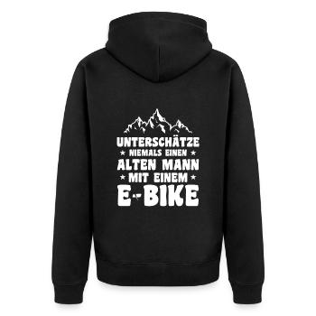 Unterschätze niemals einen alten Mann mit E-Bike - Unisex Premium Bio Zip Hoodie - Schwarz - Hinten - Nico (187cm)