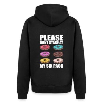 Bitte starren Sie nicht auf mein lustiges Fitnessstudio mit Sixpack-Donuts - Unisex Premium Bio Zip Hoodie - Schwarz - Hinten - Nico (187cm)