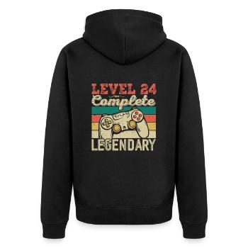 Stufe 24 abgeschlossen, 24 Geburtstagsgeschenk - Unisex Premium Bio Zip Hoodie - Schwarz - Hinten - Nico (187cm)