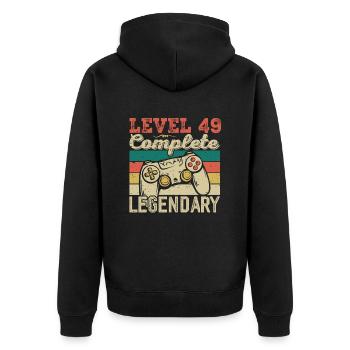 Stufe 49 abgeschlossen, 49 Geburtstagsgeschenk - Unisex Premium Bio Zip Hoodie - Schwarz - Hinten - Nico (187cm)