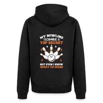 Bowling-Team Bowlingkugel entwirft Bowling-Tees - Unisex Premium Bio Zip Hoodie - Schwarz - Hinten - Nico (187cm)