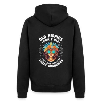 Alte Hippies sterben nicht zu verrückten Omas - Unisex Premium Bio Zip Hoodie - Schwarz - Hinten - Nico (187cm)