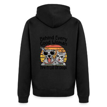 Hinter jeder guten Frau stehen viele Hunde - Unisex Premium Bio Zip Hoodie - Schwarz - Hinten - Nico (187cm)