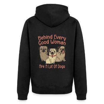 Hinter jeder guten Frau stehen viele Hunde - Unisex Premium Bio Zip Hoodie - Schwarz - Hinten - Nico (187cm)