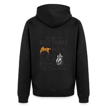 Die besten Dinge im Leben bringen Ihre Haare durcheinander Boxen - Unisex Premium Bio Zip Hoodie - Schwarz - Hinten - Nico (187cm)