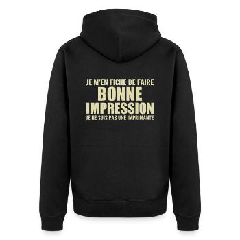 Es ist mir egal, ob ich einen guten Eindruck mache - Unisex Premium Bio Zip Hoodie - Schwarz - Hinten - Nico (187cm)