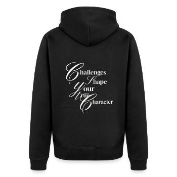 Herausforderungen formen deinen wahren Charakter - Unisex Premium Bio Zip Hoodie - Schwarz - Hinten - Nico (187cm)