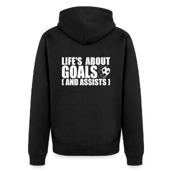 Im Leben geht es um Tore und Vorlagen - Unisex Premium Bio Zip Hoodie - Schwarz - Hinten - Nico (187cm)