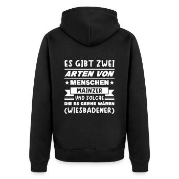 Mainz Wiesbaden Spruch - Unisex Premium Bio Zip Hoodie - Schwarz - Hinten - Nico (187cm)