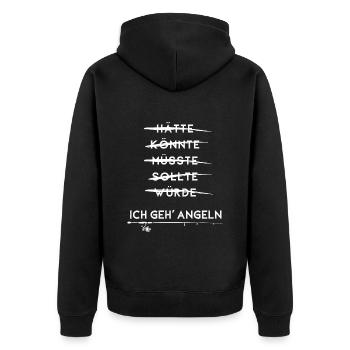 Ich geh Angeln, Sollte, Müsste, Könnte, Angler - Unisex Premium Bio Zip Hoodie - Schwarz - Hinten - Nico (187cm)