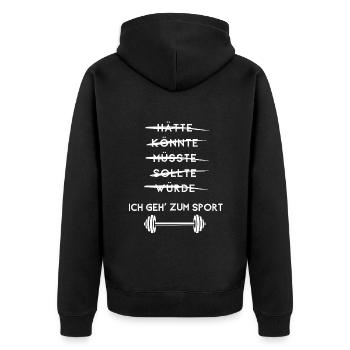 Ich geh zum Sport Training Fitness Studio Pumpen - Unisex Premium Bio Zip Hoodie - Schwarz - Hinten - Nico (187cm)