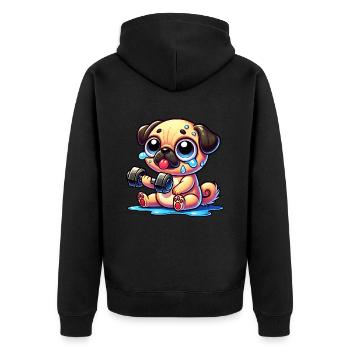 Pug with Dumbbell Funny Workout Cartoon Dog - Unisex Premium Organic Zip Hoodie - black - Back - Nico (187cm)