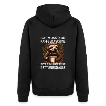 Morgenmuffel & Kaffee Sprüche für Arbeitskollegen - Unisex Premium Bio Zip Hoodie - Schwarz - Hinten - Nico (187cm)