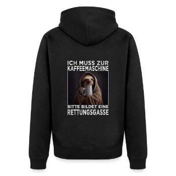 Morgenmuffel & Kaffee Sprüche für Arbeitskollegen - Unisex Premium Bio Zip Hoodie - Schwarz - Hinten - Nico (187cm)