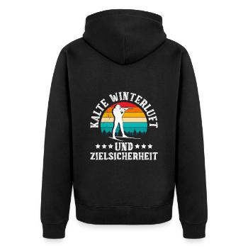 Biathlon Kalte Winterluft und Zielsicherheit - Unisex Premium Bio Zip Hoodie - Schwarz - Hinten - Nico (187cm)