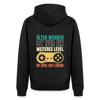 Gamer Älter Werden ist nur ein Weiteres Level - Unisex Premium Bio Zip Hoodie - Schwarz - Hinten - Nico (187cm)