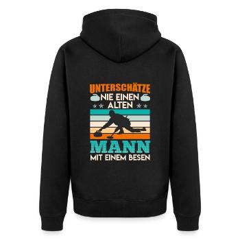 Unterschätze Nie einen Alten Mann mit Besen - Unisex Premium Bio Zip Hoodie - Schwarz - Hinten - Nico (187cm)