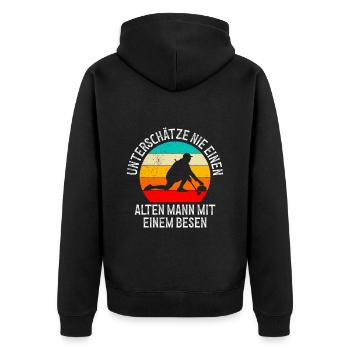 Unterschätze Nie einen Alten Mann mit Besen - Unisex Premium Bio Zip Hoodie - Schwarz - Hinten - Nico (187cm)