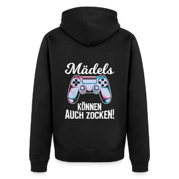 Mädels können auch Zocken! Video Spiele Frauen - Unisex Premium Bio Zip Hoodie - Schwarz - Hinten - Nico (187cm)