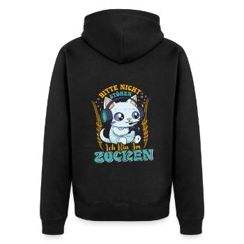 Gaming Katze Bitte nicht Stören Bin am Zocken - Unisex Premium Bio Zip Hoodie - Schwarz - Hinten - Nico (187cm)