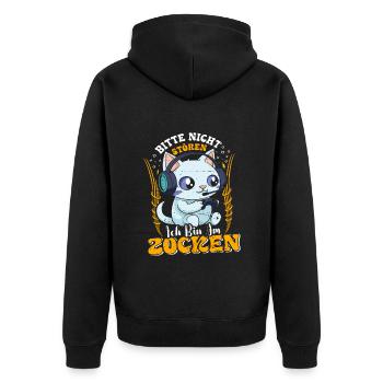 Gaming Katze Bitte nicht Stören Bin am Zocken - Unisex Premium Bio Zip Hoodie - Schwarz - Hinten - Nico (187cm)