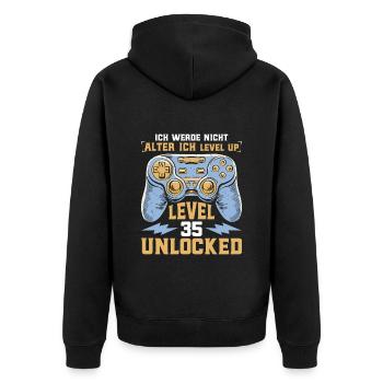 Retro Gamer B-Day Level 35 Unlocked Zocker - Unisex Premium Bio Zip Hoodie - Schwarz - Hinten - Nico (187cm)