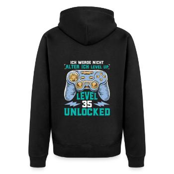 Retro Gamer B-Day Level 35 Unlocked Zocker - Unisex Premium Bio Zip Hoodie - Schwarz - Hinten - Nico (187cm)