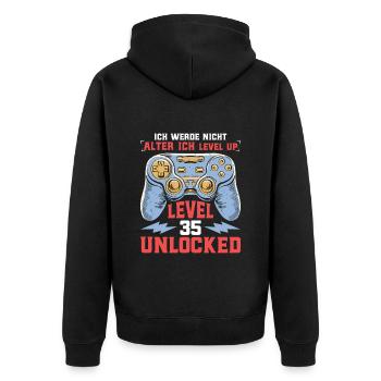 Retro Gamer B-Day Level 35 Unlocked Zocker - Unisex Premium Bio Zip Hoodie - Schwarz - Hinten - Nico (187cm)