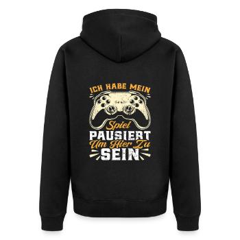 Gaming Habe mein Spiel Pausiert um Hier zu sein - Unisex Premium Bio Zip Hoodie - Schwarz - Hinten - Nico (187cm)