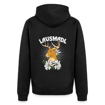 Lausmadl Bayerisches Trachten Shirt Frauen - Unisex Premium Bio Zip Hoodie - Schwarz - Hinten - Nico (187cm)